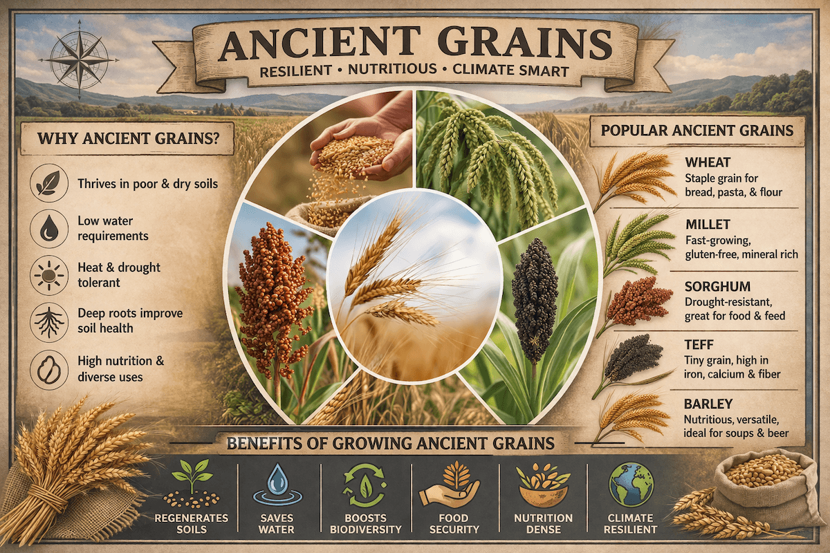 Ancient grains infographic showing einkorn, farro, spelt, khorasan, millet, teff, and quinoa, along with their benefits, life cycle, and sustainable agriculture value.