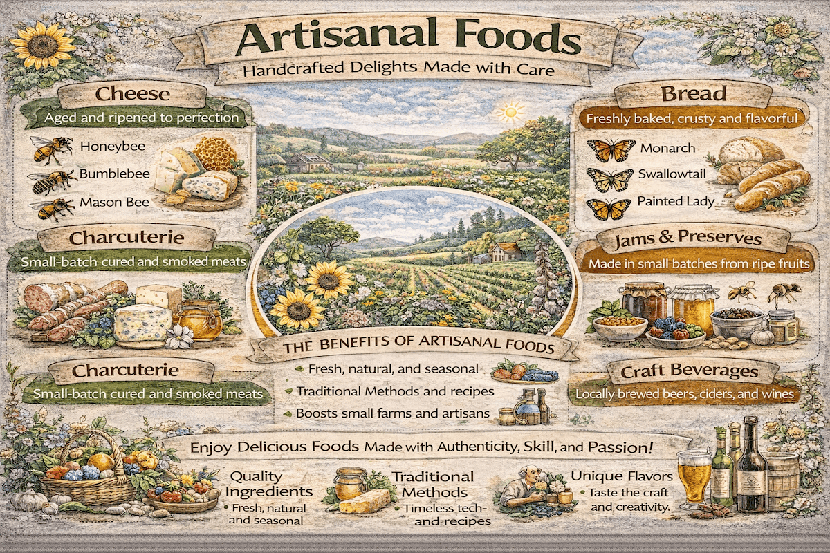 Artisanal foods infographic showing cheese, bread, charcuterie, jams and preserves, craft beverages, and the benefits of handcrafted foods made with traditional methods and quality ingredients.