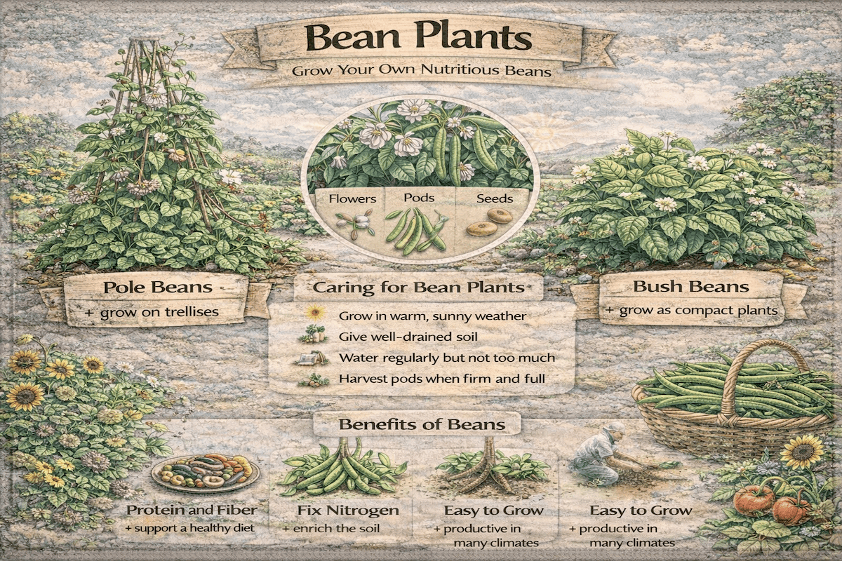 Bean plants infographic showing pole beans, bush beans, flowers, pods, seeds, bean plant care, and benefits such as protein, fiber, nitrogen fixation, and easy growing.