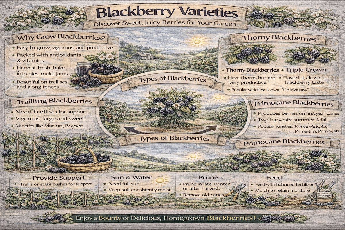 Blackberry varieties infographic showing thorny blackberries, trailing blackberries, primocane blackberries, and growing tips such as support, sun and water, pruning, and feeding.