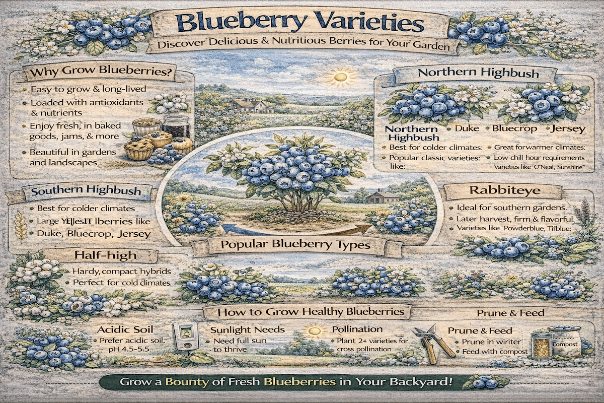 Blueberry varieties infographic showing northern highbush, southern highbush, half-high, and rabbiteye blueberries, along with growing tips such as acidic soil, sunlight, pollination, pruning, and feeding.