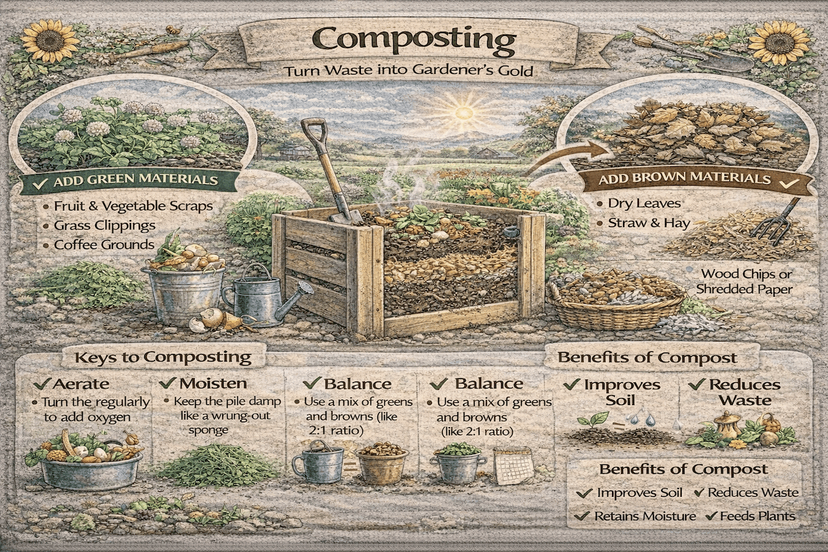 Composting infographic showing green and brown materials, keys to composting, and benefits of compost including improved soil, moisture retention, reduced waste, and healthier plants.