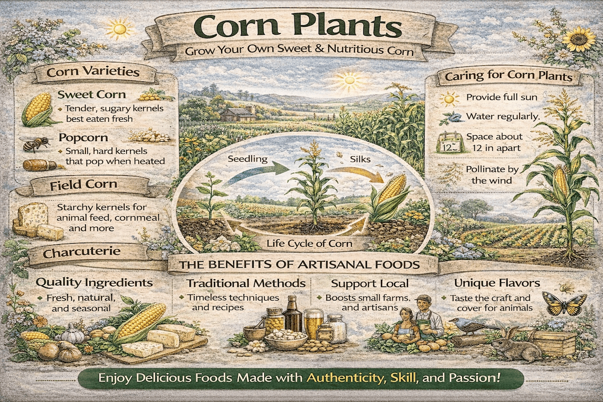 Corn plants infographic showing sweet corn, popcorn, field corn varieties, the life cycle of corn, and tips for growing corn including sunlight, spacing, watering, and wind pollination.
