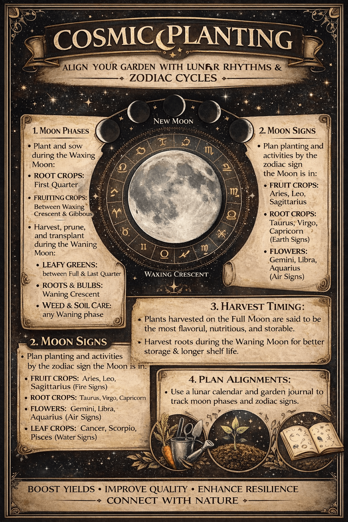Cosmic planting infographic showing gardening by the moon’s rhythms, including new moon, waxing moon, full moon, and waning moon planting and garden care guidance.