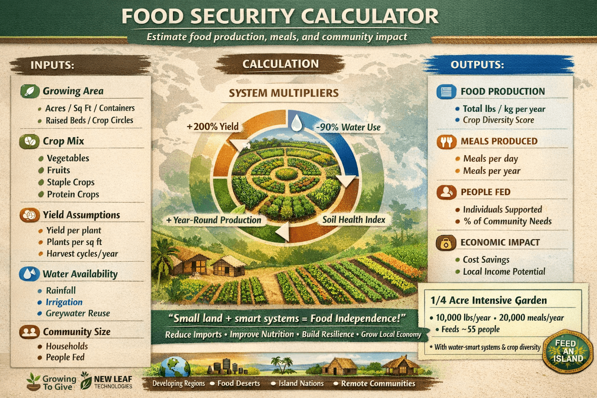 Food Security Calculator infographic showing inputs such as growing area, crop mix, yield assumptions, water availability, and community size; system multipliers such as yield increase, water savings, year-round production, and soil health; and outputs including food production, meals produced, people fed, and economic impact for developing regions, food deserts, island nations, and remote communities.