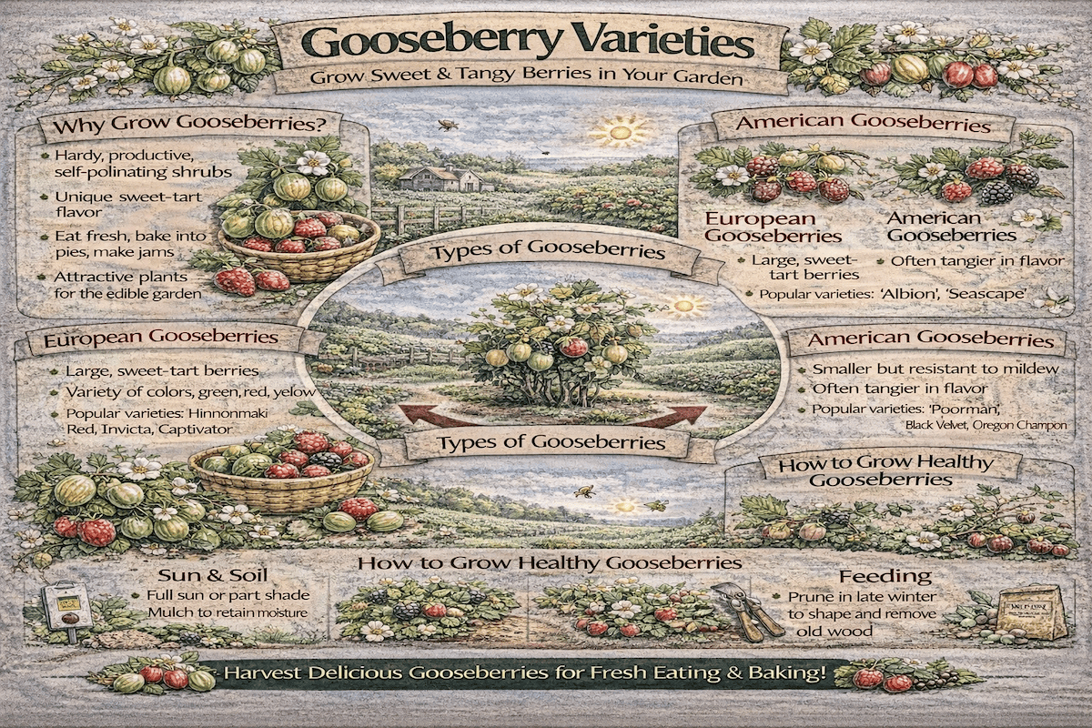 Gooseberry varieties infographic showing European gooseberries, American gooseberries, and growing tips such as sun and soil, pruning, feeding, and healthy gooseberry care.
