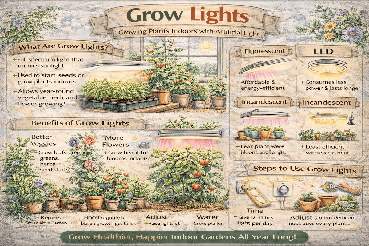 Grow lights infographic showing fluorescent, LED, and incandescent grow lights, along with benefits of indoor plant lighting and tips for using grow lights successfully.