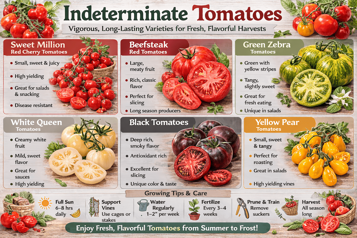 Indeterminate tomatoes infographic showing Sweet Million red cherry tomatoes, Beefsteak red tomatoes, Green Zebra tomatoes, White Queen tomatoes, black tomatoes, and yellow pear tomatoes, along with growing tips and care.