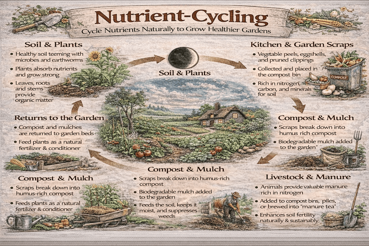 Nutrient cycling infographic showing soil and plants, kitchen and garden scraps, compost and mulch, livestock and manure, and how nutrients cycle naturally to grow healthier gardens.