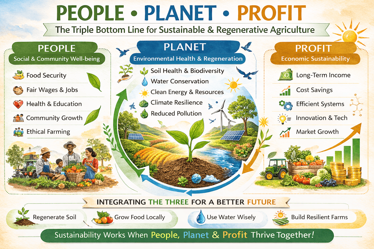 People, planet, profit infographic showing the triple bottom line for sustainable and regenerative agriculture, including social well-being, environmental health, and economic sustainability.