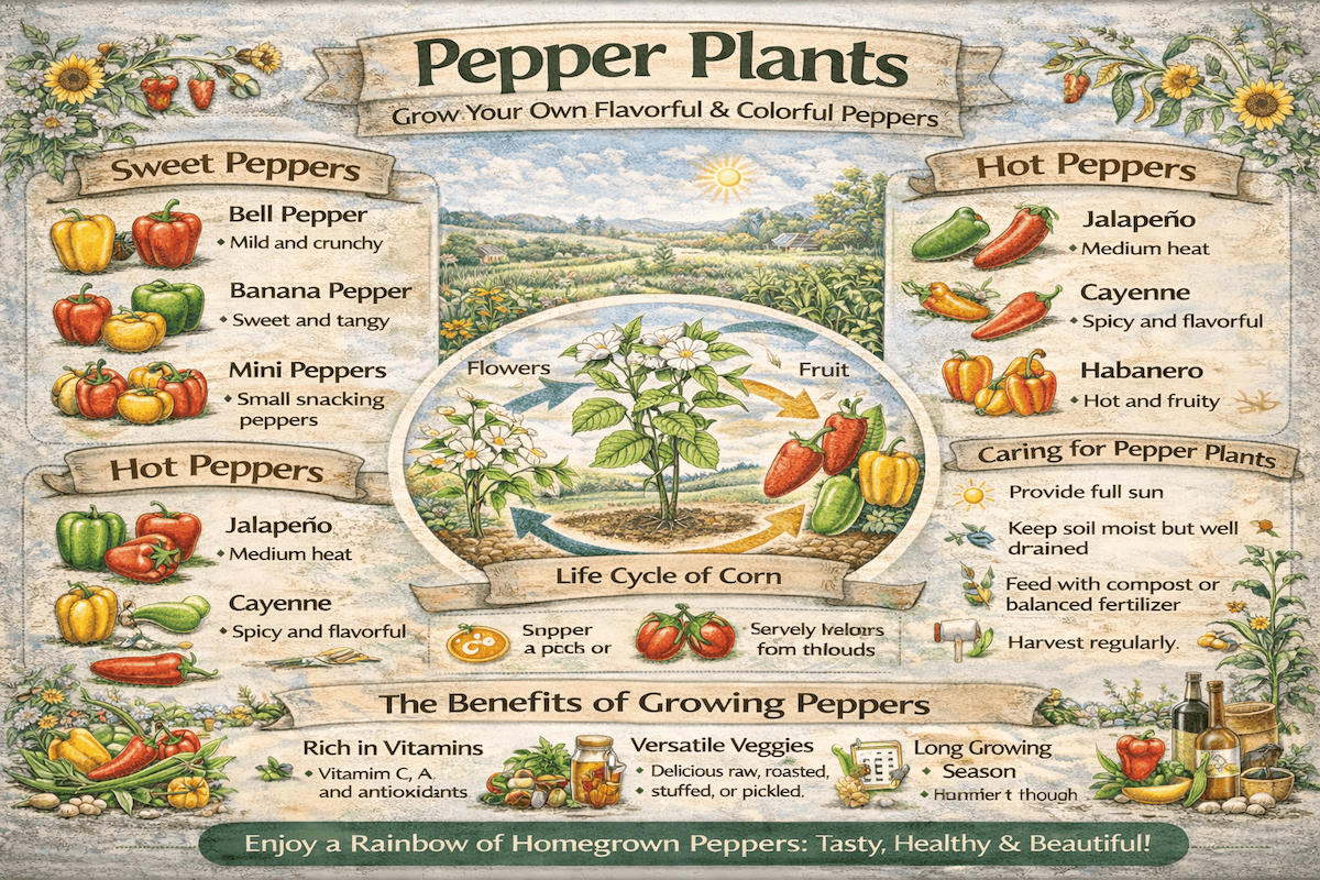 Pepper plants infographic showing sweet peppers, hot peppers, pepper plant care, flowers, fruit, and the benefits of growing peppers including vitamins, versatility, and a long harvest season.