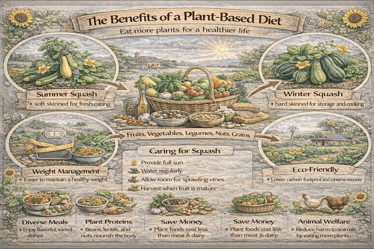Plant-based diet infographic showing fruits, vegetables, legumes, nuts, grains, and benefits such as weight management, eco-friendly living, diverse meals, plant proteins, savings, and animal welfare.