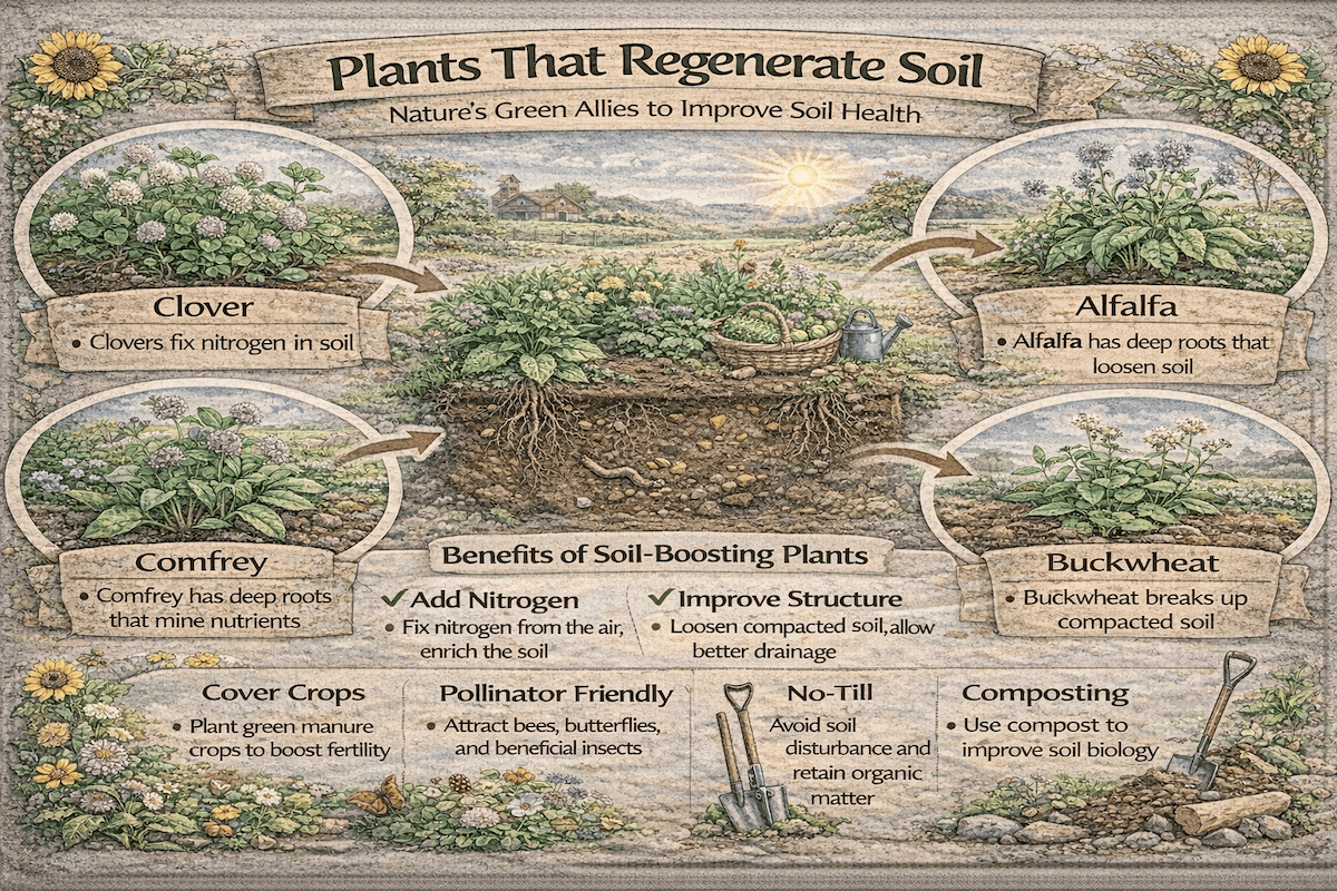 Plants that regenerate soil infographic showing clover, alfalfa, comfrey, and buckwheat, along with benefits such as adding nitrogen, improving soil structure, composting, no-till practices, and pollinator support.