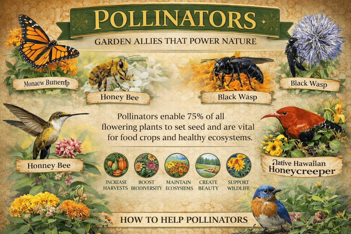 Pollinators infographic showing bees, butterflies, hummingbirds, and other pollinators, along with their role in healthy ecosystems and ways to protect pollinator habitats.