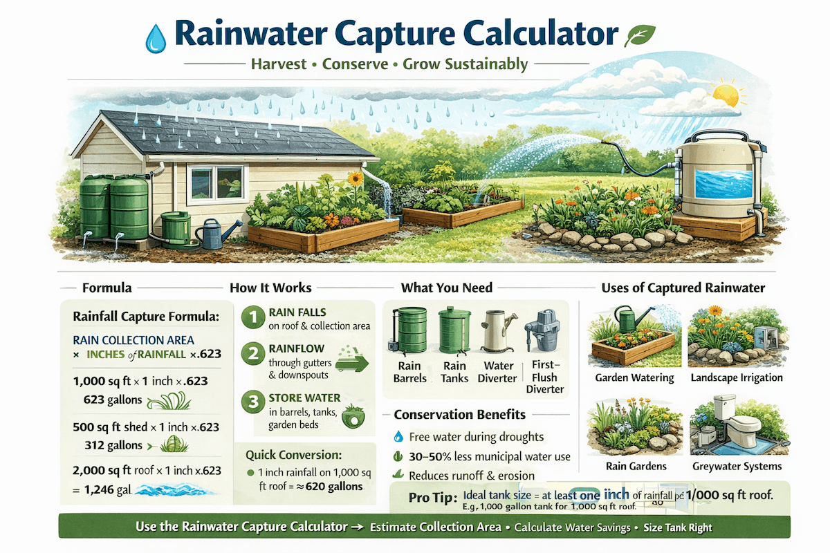 Rainwater Capture Calculator infographic showing rooftop collection, rain barrels, tanks, water diverters, first-flush diverters, rainwater capture formula, conservation benefits, and uses such as garden watering, landscape irrigation, rain gardens, and greywater systems.