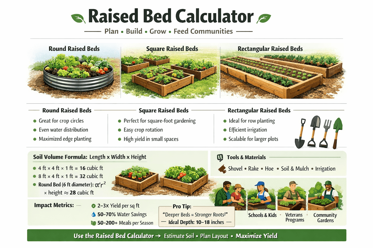 Raised Bed Calculator infographic showing round raised beds, square raised beds, rectangular raised beds, soil volume formulas, tools and materials, impact metrics, and use cases for schools, kids, veterans, and community gardens.