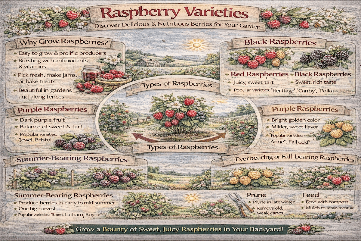 Raspberry varieties infographic showing red, black, purple, and golden raspberries, along with growing tips such as floricane vs primocane fruiting, pruning, trellising, sunlight, and spacing.