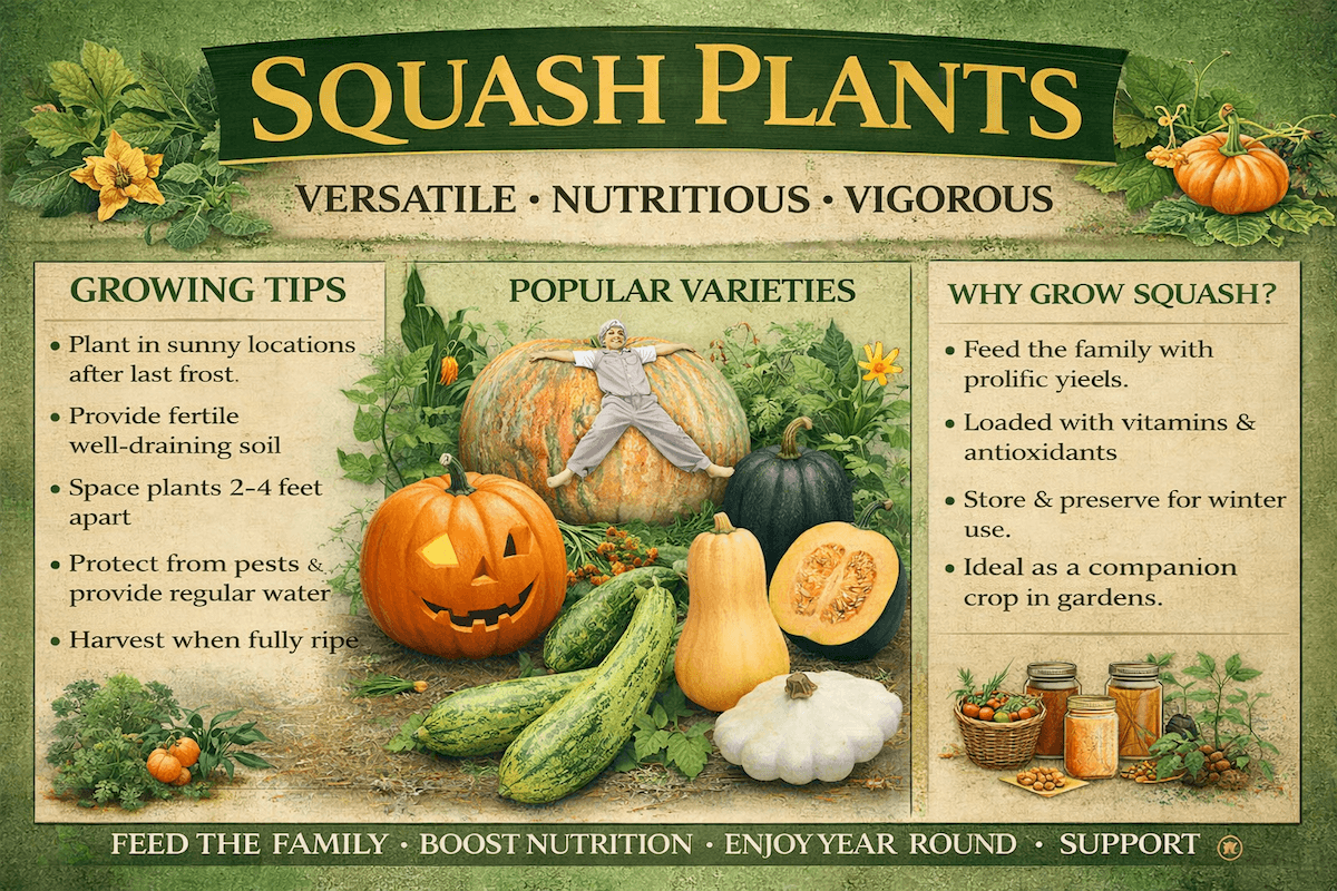 Squash plants infographic showing summer squash, winter squash, flowers, fruit, seeds, squash plant care, and benefits such as versatile food, storage, and high nutrition.