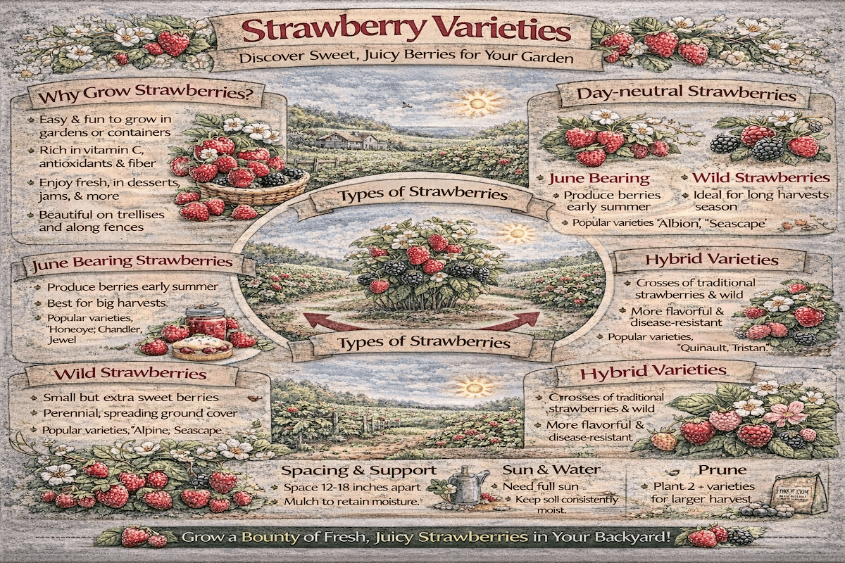 Strawberry varieties infographic showing June-bearing, everbearing, and day-neutral strawberries, along with growing tips for harvest timing, season length, and selecting the best type for your climate and planting system.