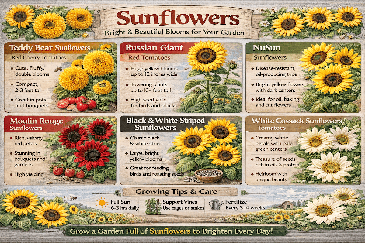 Sunflower infographic showing different sunflower varieties including Teddy Bear, Russian Giant, NuSun, Moulin Rouge, Black and White Striped, and White Cossack sunflowers.