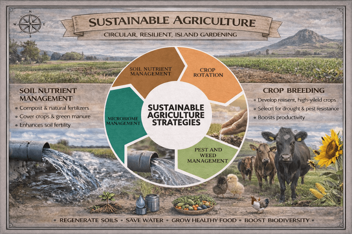 Sustainable agriculture infographic showing healthy soil, water conservation, biodiversity, natural pest control, farm resilience, reduced pollution, and wildlife habitat.