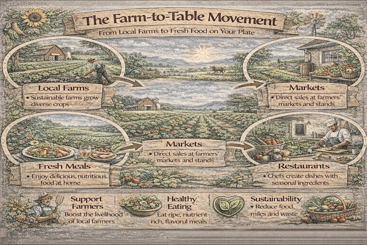 Farm-to-table movement infographic showing how local farms, markets, restaurants, and fresh meals connect to support farmers, healthy eating, and sustainability.