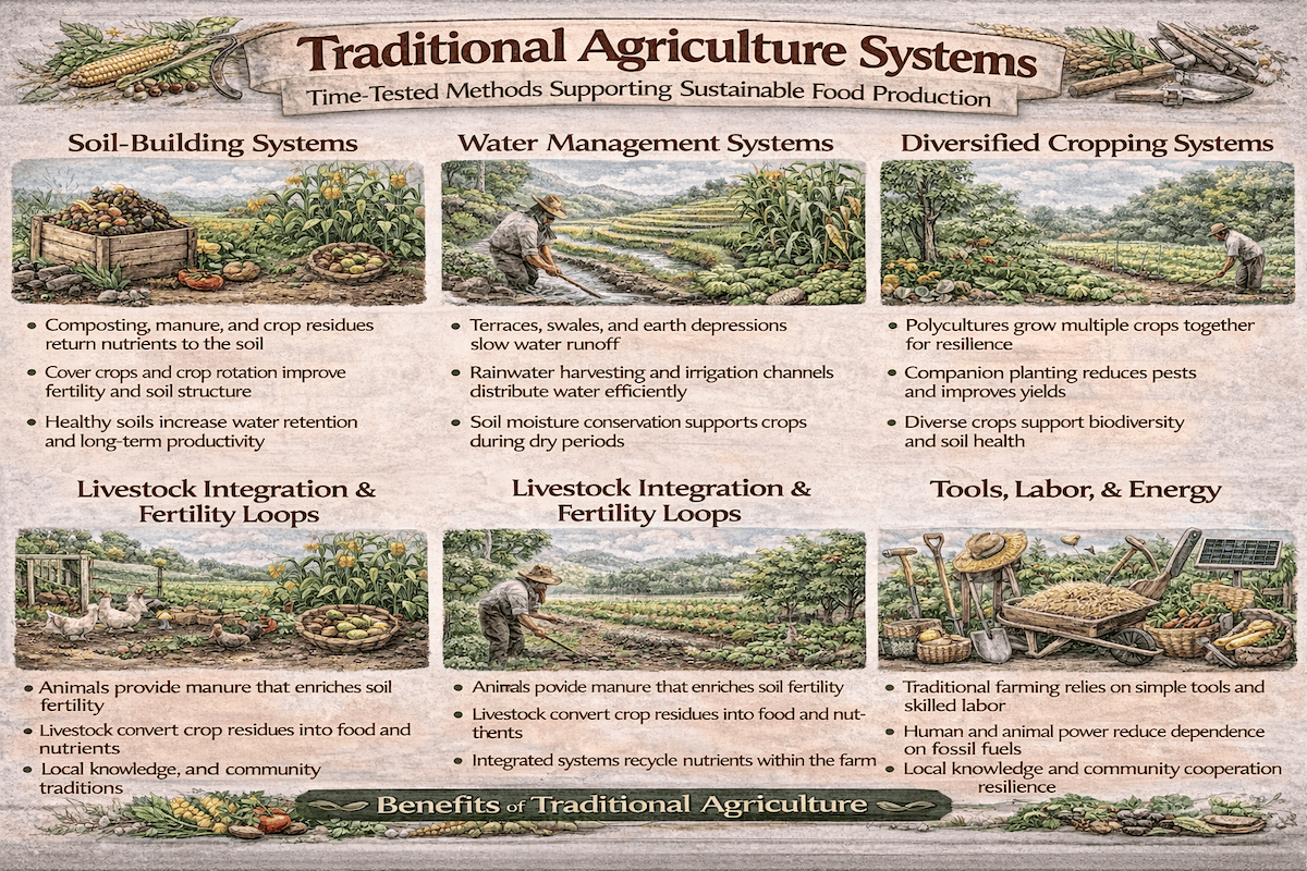 Traditional agriculture systems infographic showing soil-building systems, water management systems, diversified cropping systems, livestock integration, tools, labor, and the benefits of traditional agriculture.
