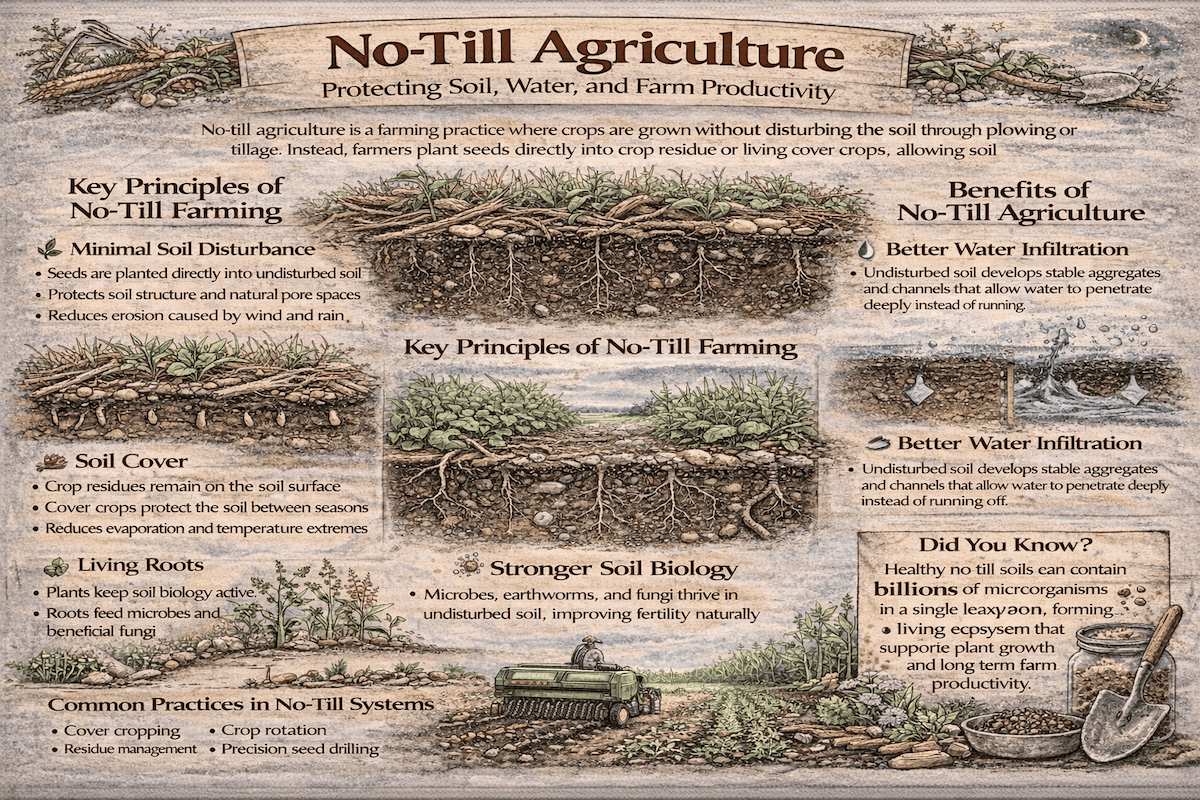 No-till agriculture infographic highlighting reduced soil erosion, increased water infiltration, improved moisture retention, and deeper root development in healthy covered soils.