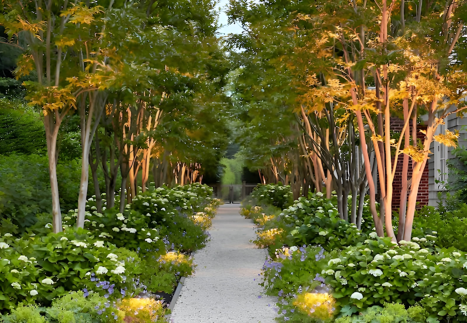 Edible guild landscape garden with fruit trees, shrubs, herbs, and flowers growing together