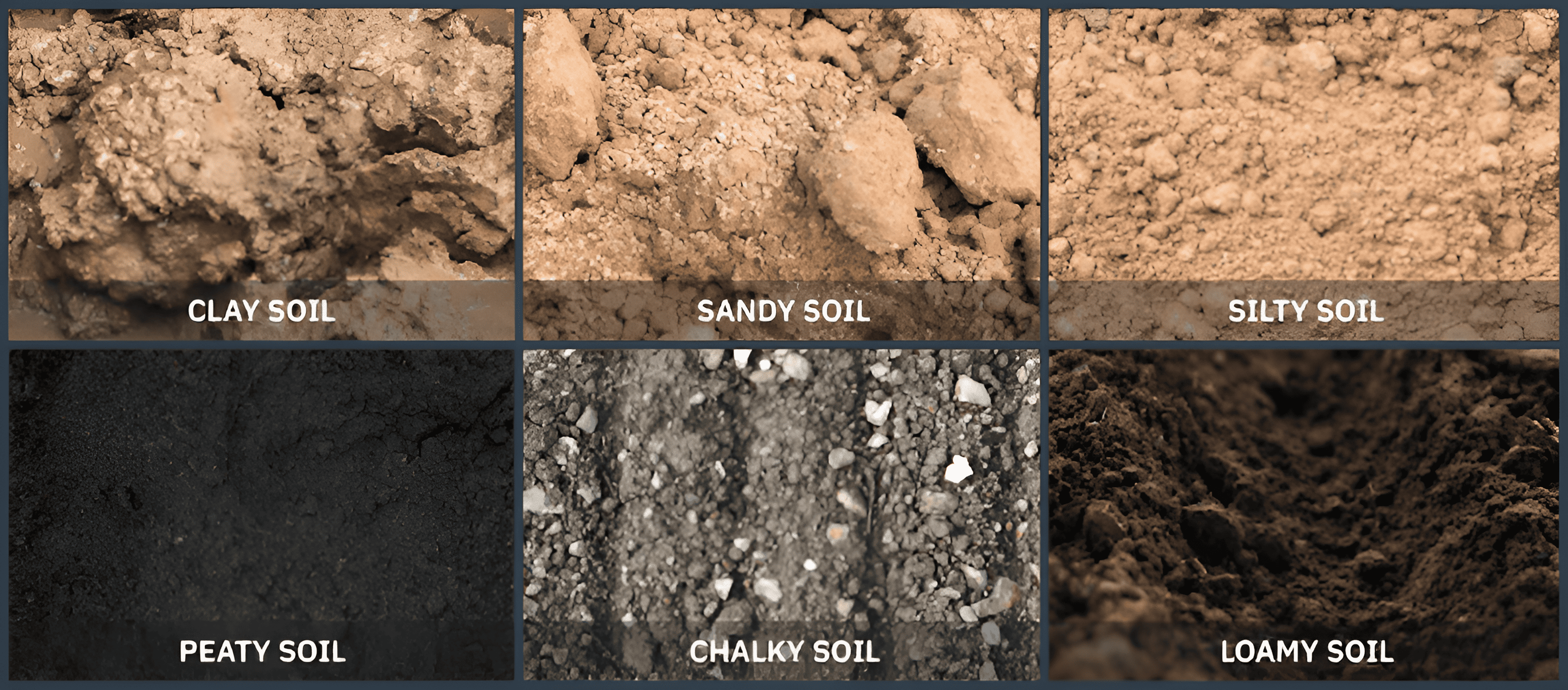 Soil types including clay, peat, chalk, sandy, loam, silt, rocky and gravel soils